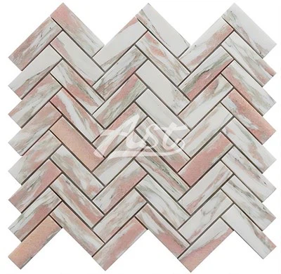 Luxury Herringbone Norwegian Rose Pink Marble Mosaic